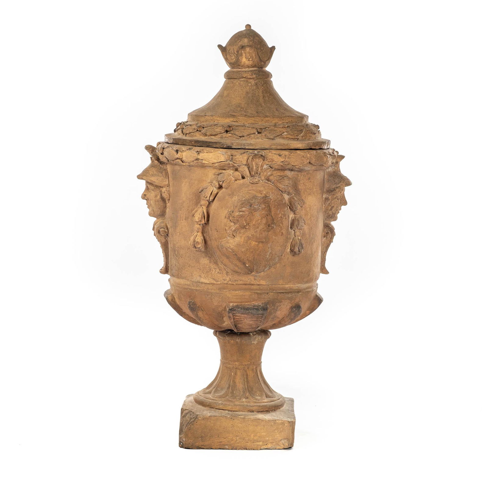 A large terracotta urn and cover with Roman busts and soldier heads, France or Italy, 18/19th C. (1 of 5)