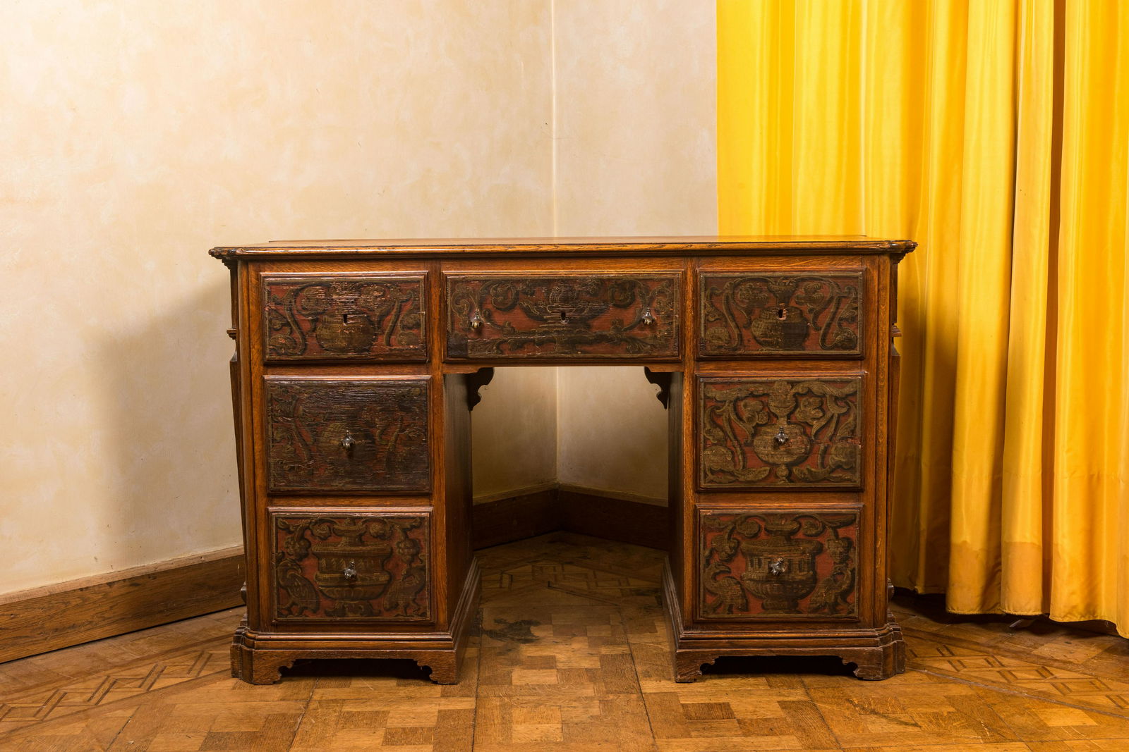 A wooden desk with six drawers with painted panels, 19th C. (1 of 5)
