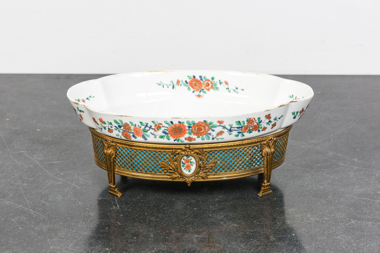 A French gilt bronze-mounted famille verte-style porcelain centerpiece with Chantilly mark, Samson, (1 of 4)