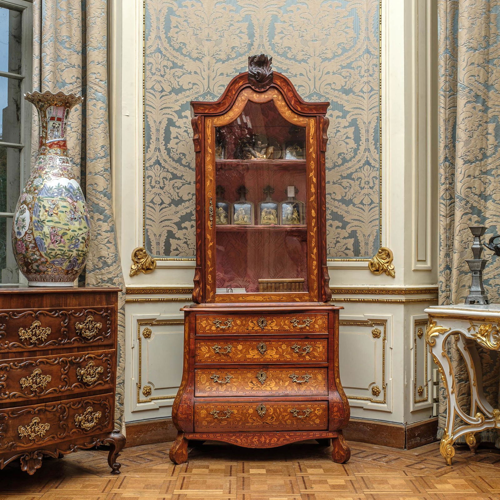 A Dutch Louis XV style floral marquetry display cabinet, 19th C. (1 of 6)