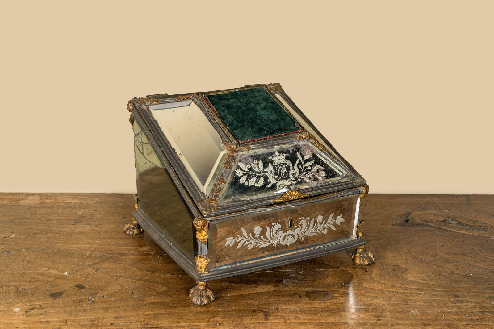 A German engraved and enamelled mirror glass and partly gilt metal box, inscribed and dated 1749 (1 of 3)