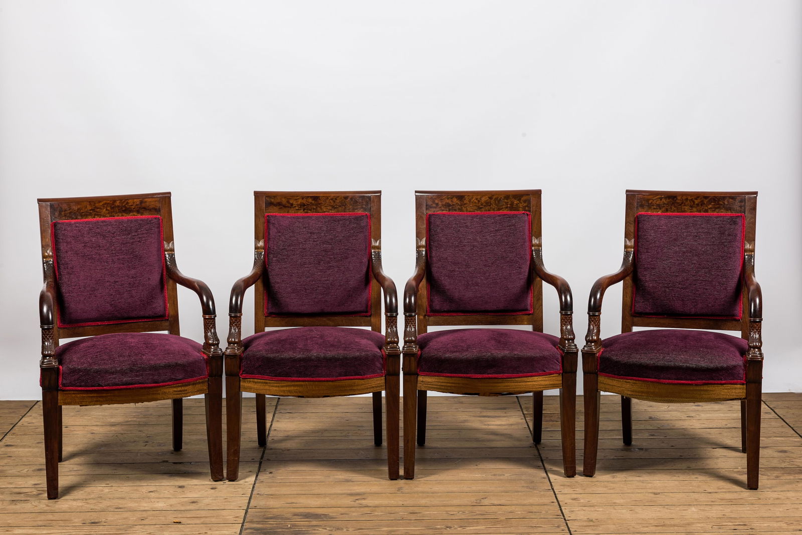 Four French Directoire armchairs with purple upholstery, 19th C.: Full title: Four French Directoire armchairs with purple upholstery, 19th C. Description: H 94,5 x L 57,5 x D 49 cm