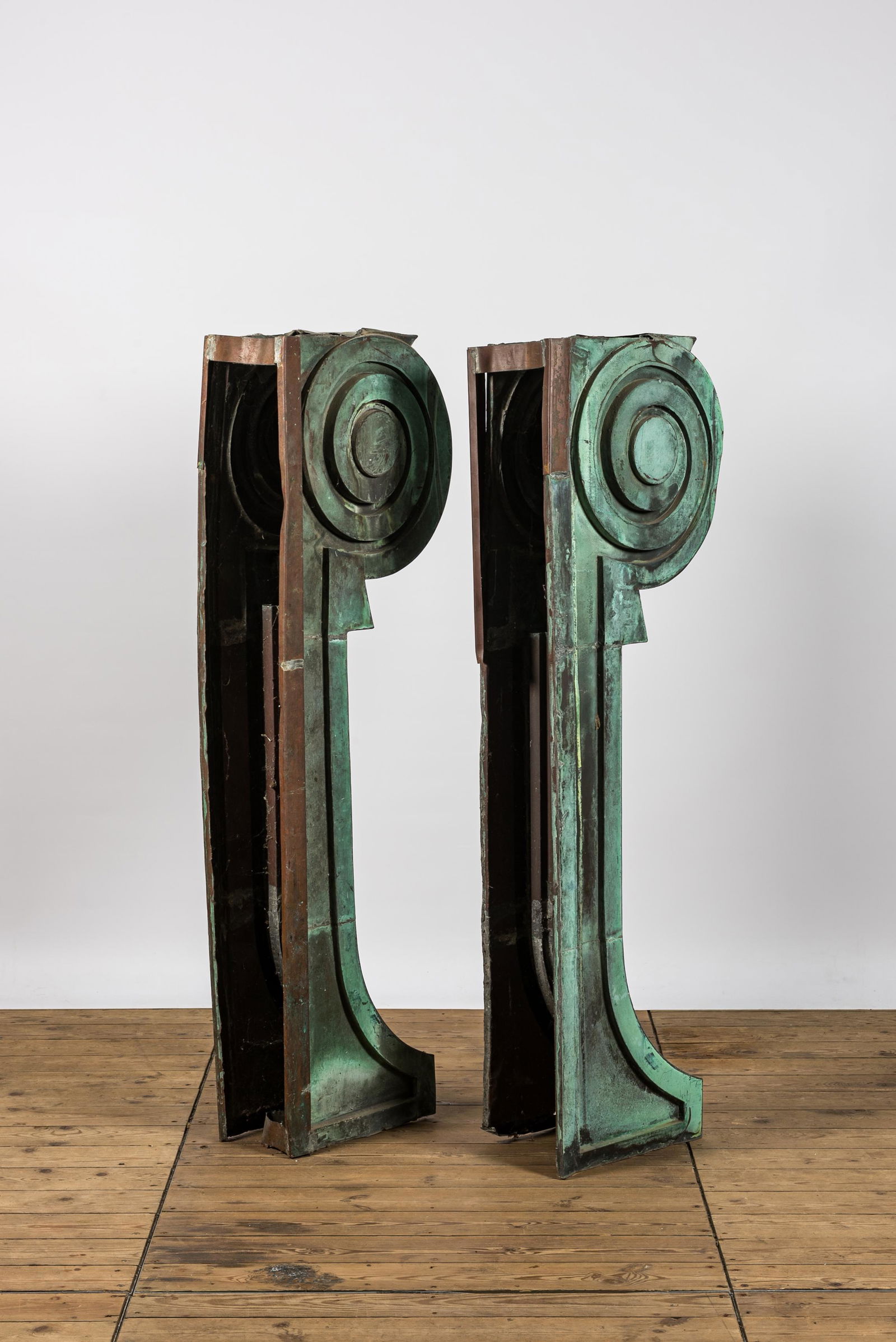 A pair of neoclassical green-patinated copper building elements, 19/20th C. (1 of 3)