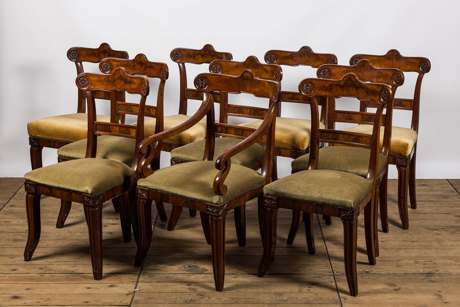 Nine English mahogany chairs and an armchair, 19th C.: Full title: Nine English mahogany chairs and an armchair, 19th C. Description: H 101,5 x L 53 x D 47,5 cm