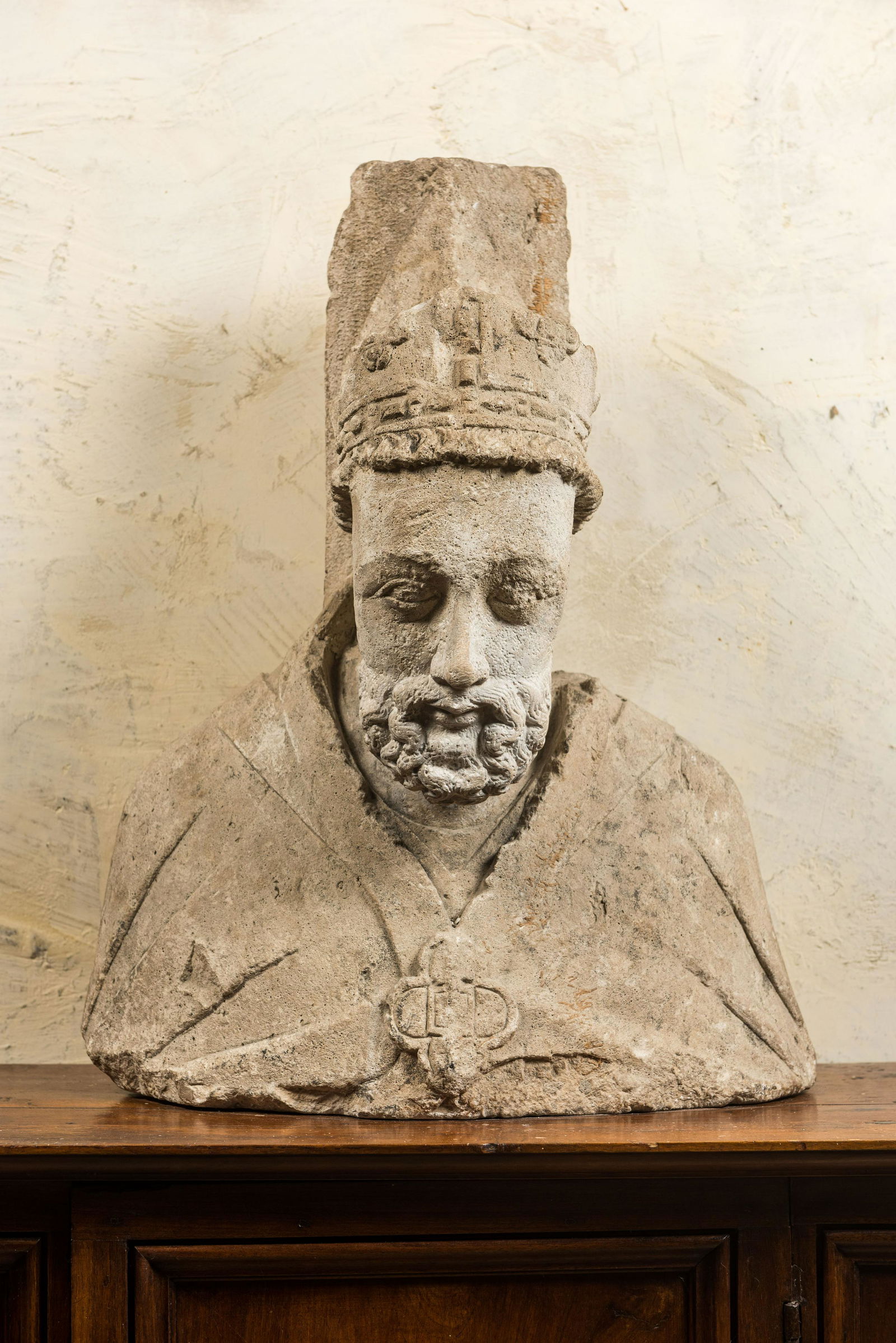 A French limestone bust of a bishop, 14/15th C. (1 of 2)
