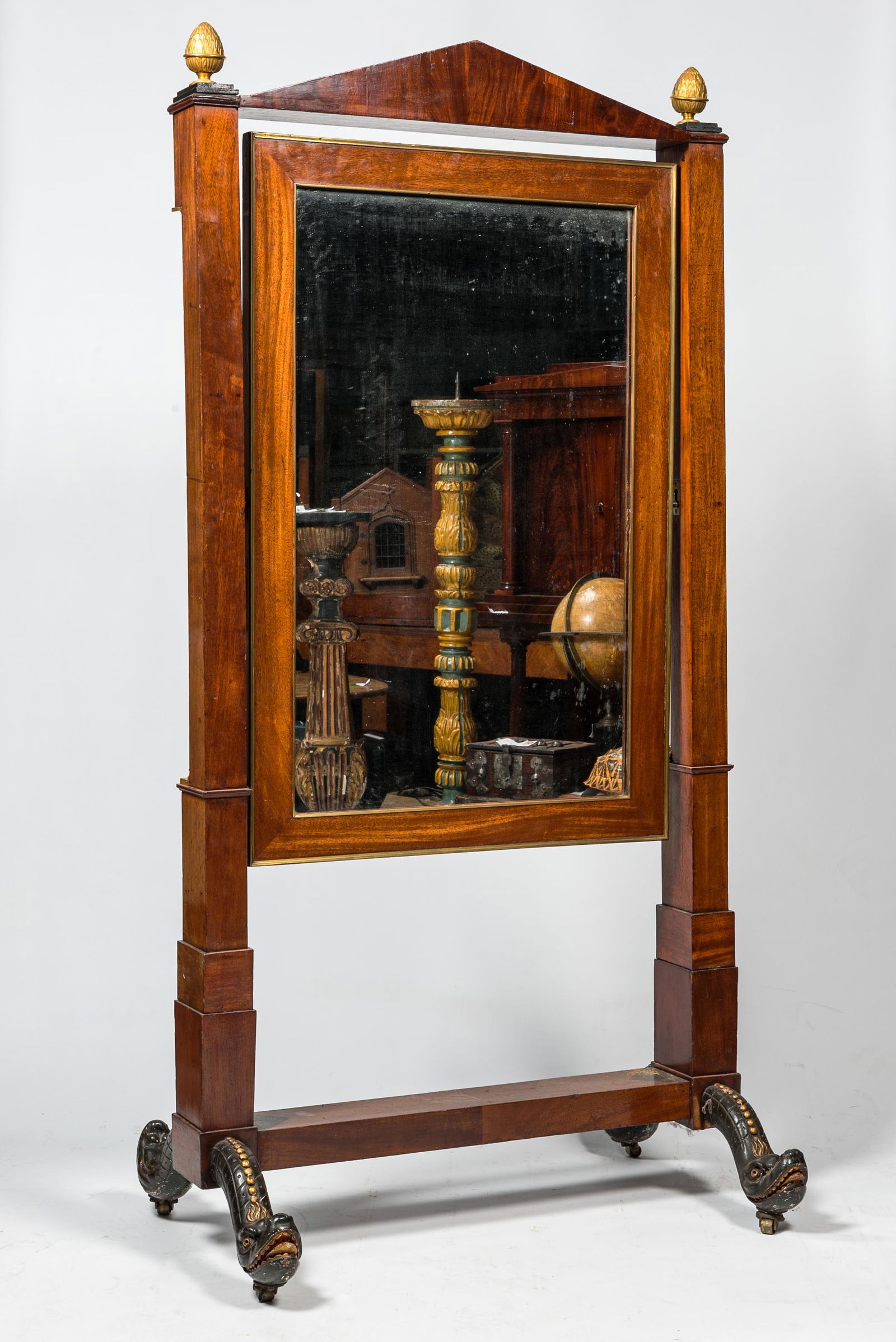 A large French mahogany Empire psychÃ© or cheval dressing mirror, 19th C. (1 of 2)