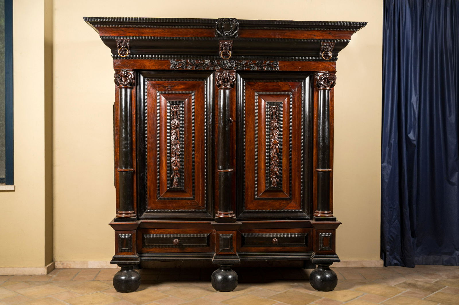 A Dutch walnut and ebony 'column' cupboard, 17Ã¨me (1 of 2)