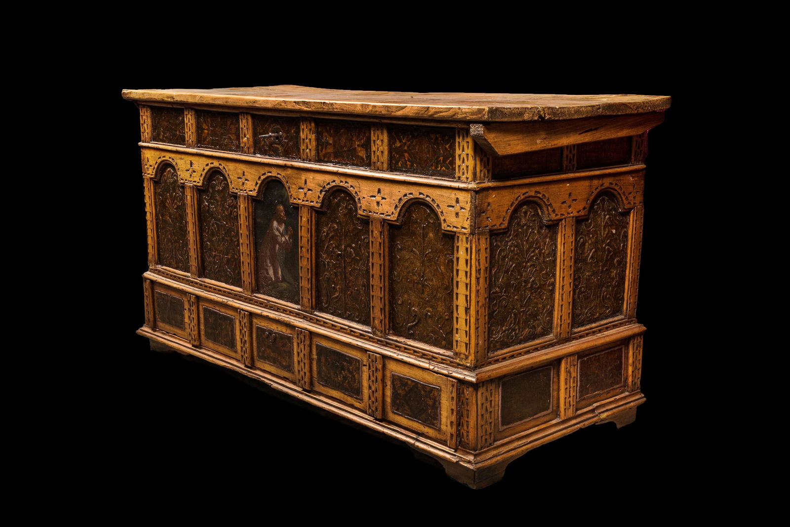 A large wooden chest with painted panels and leather upholstery, 17/18th C. (1 of 6)