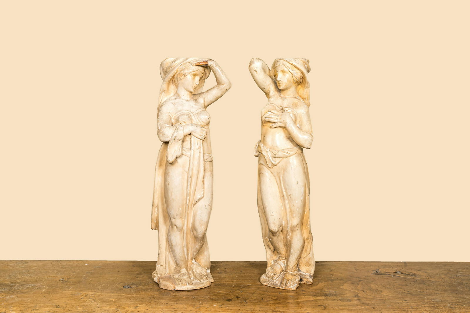 A pair of white patinated wooden models of caryatids, ca. 1900 (1 of 3)