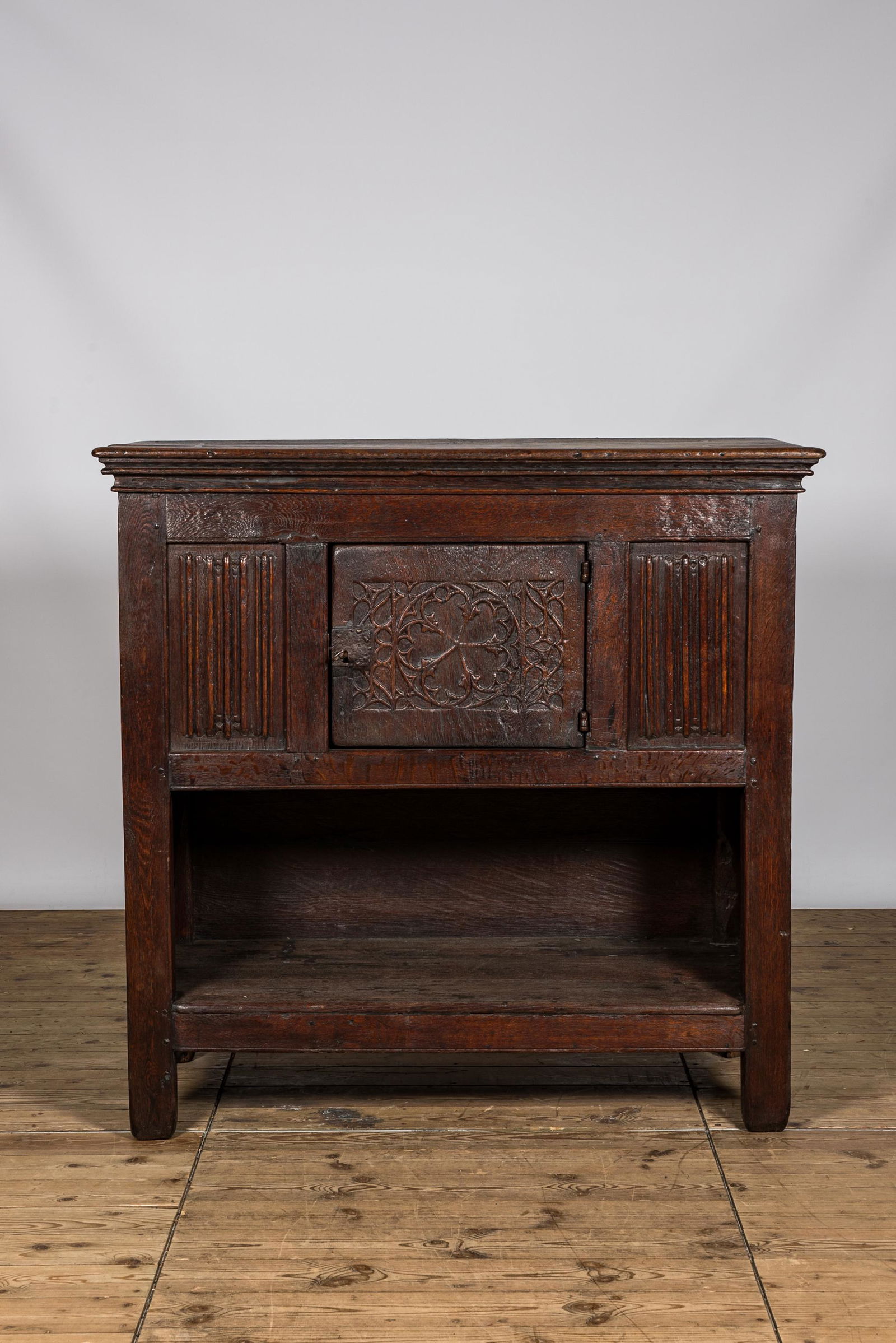 A Gothic Revival oak wooden sideboard, 19th C. or earlier (1 of 3)