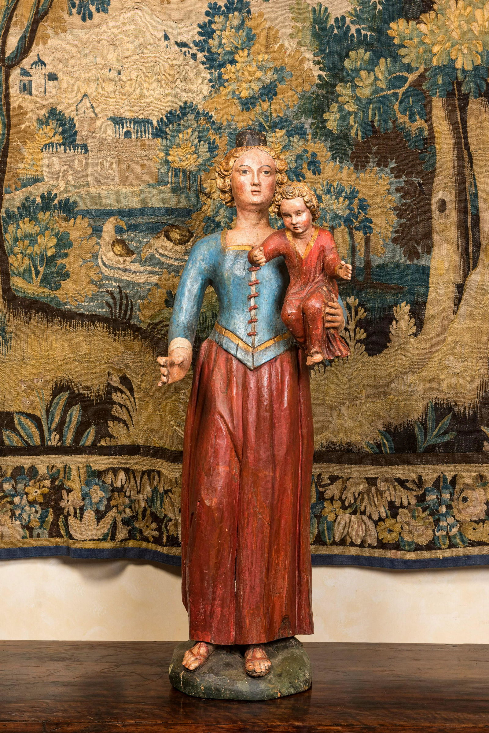 A large polychromed wooden Madonna and Child, 17/18th C. (1 of 4)