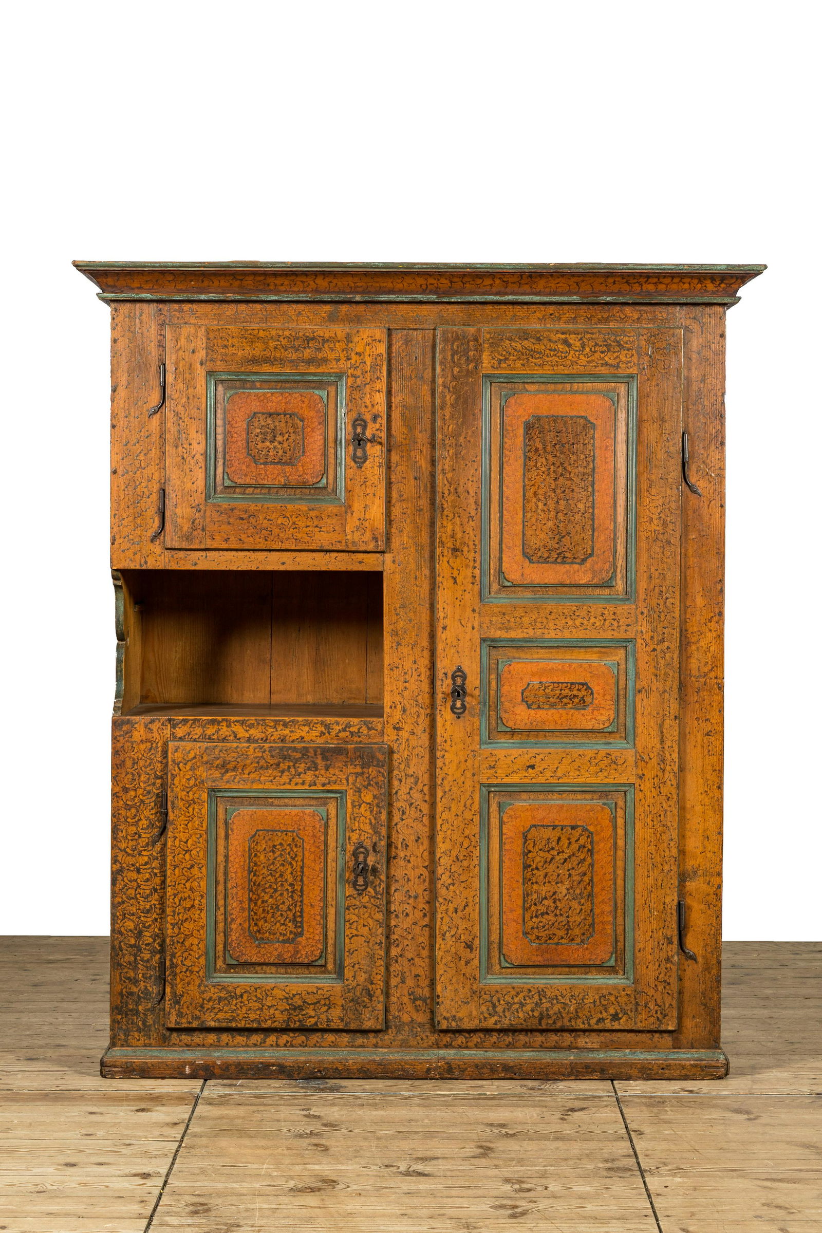 A rural polychrome wooden cupboard, 18/19th C. (1 of 3)