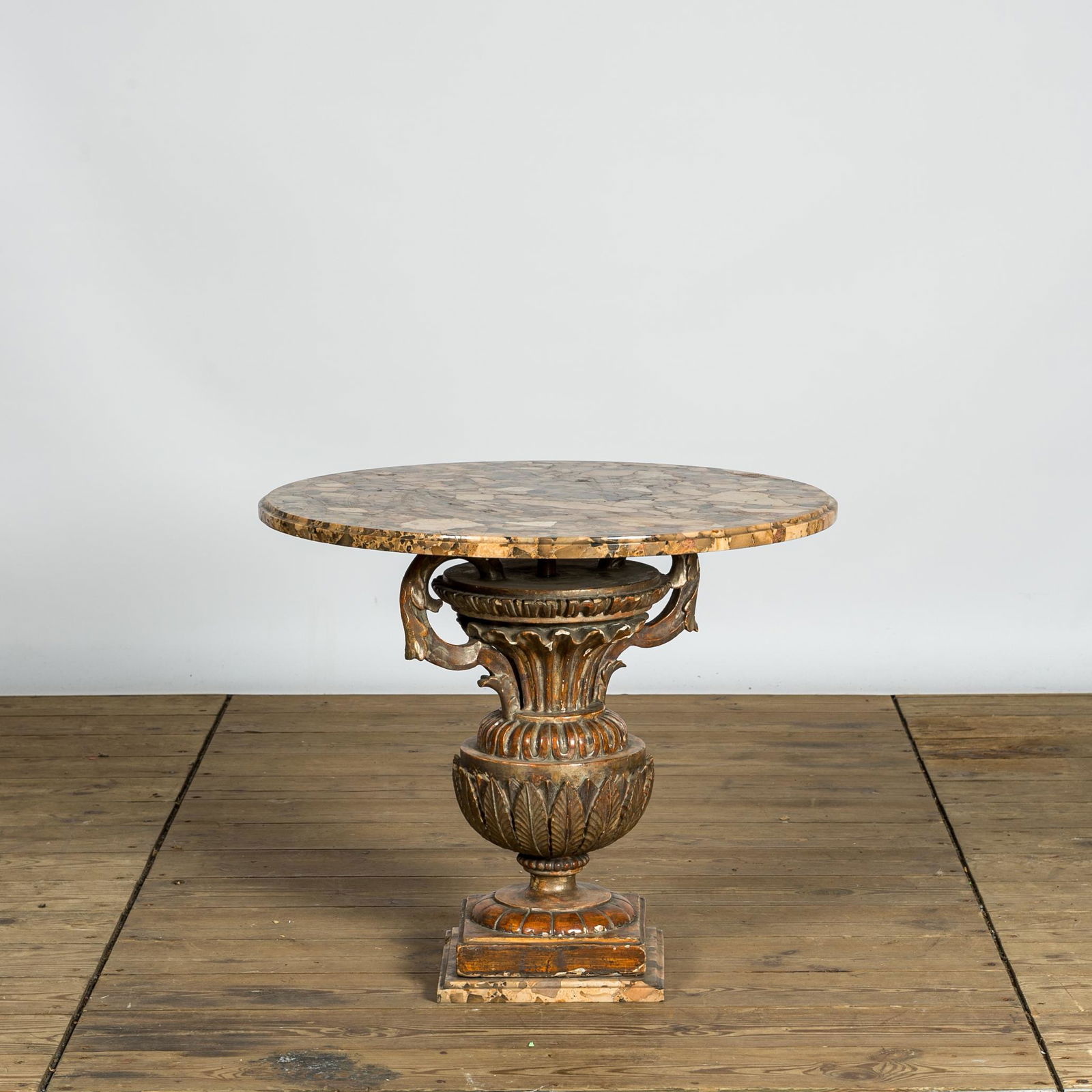 A neoclassical patinated wooden side table with marble top, 19th C. (1 of 2)