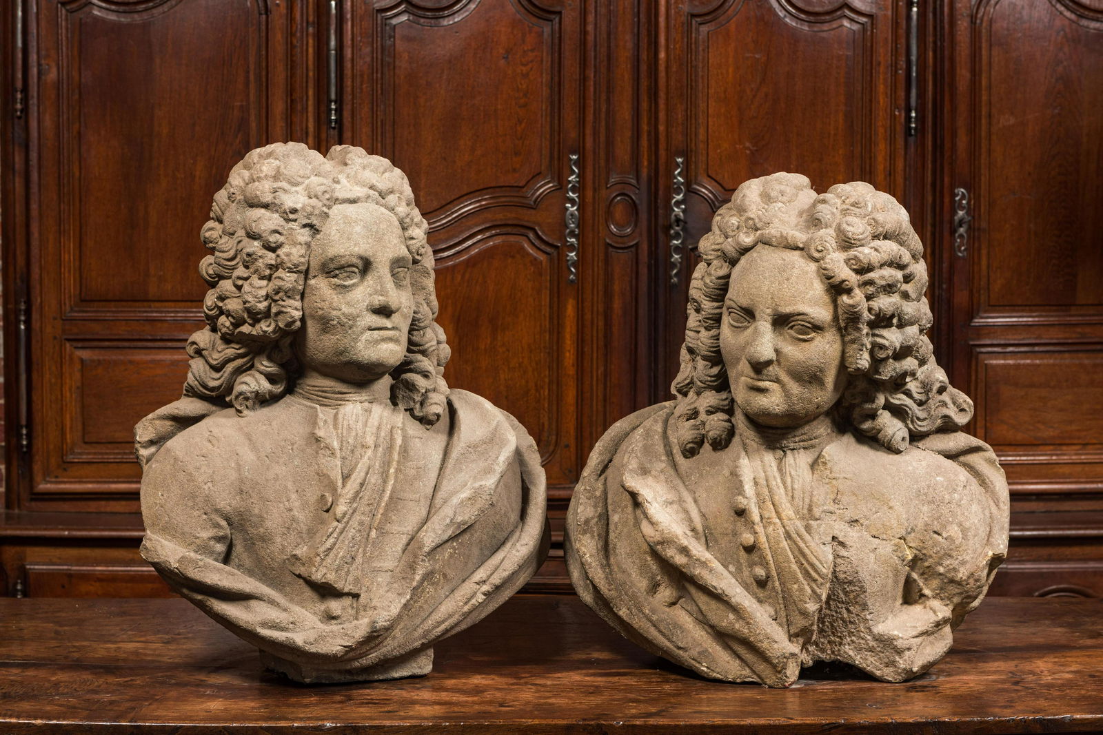 A pair of French stone busts of noblemen, 18th C. (1 of 3)