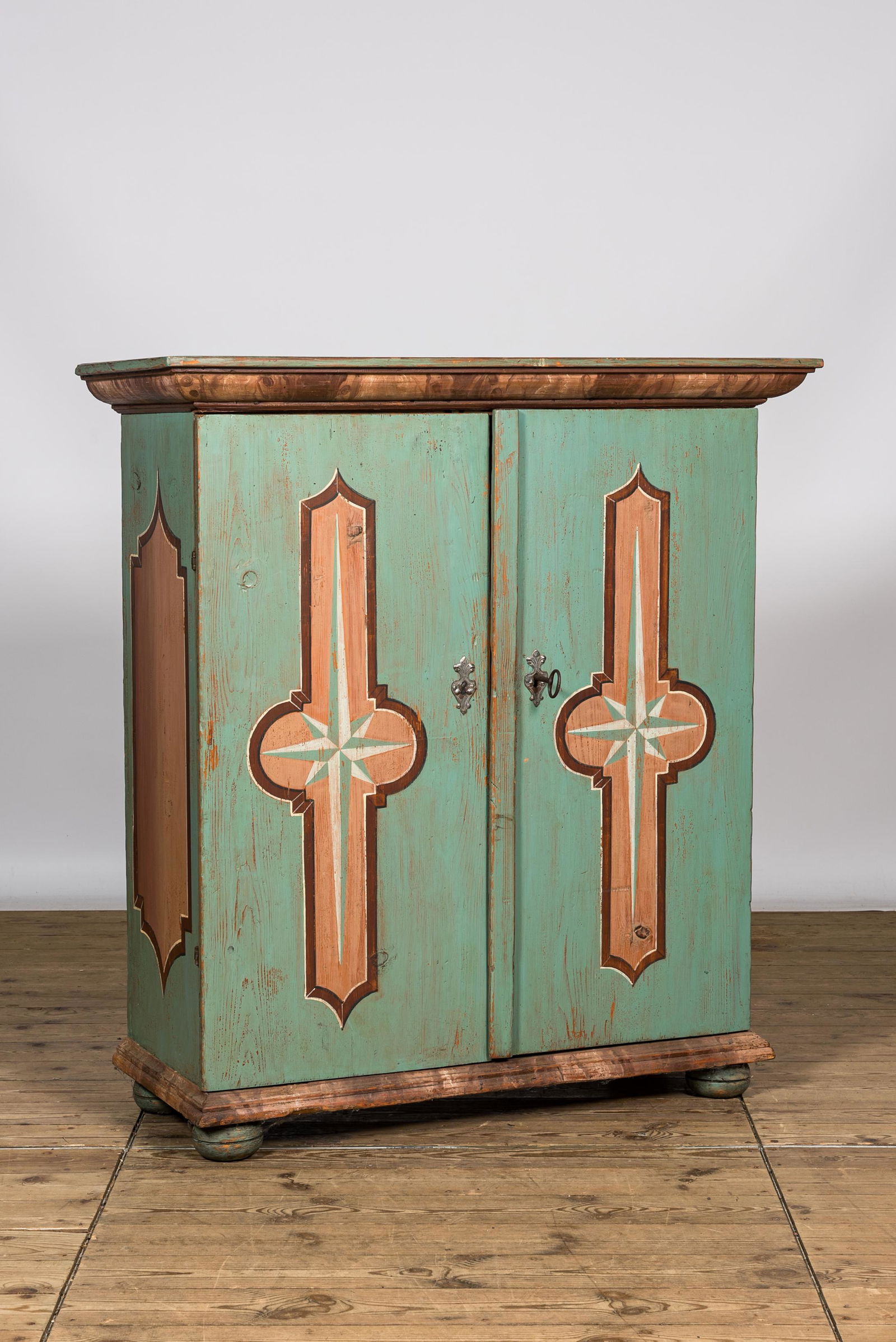 A polychrome wooden two-door cabinet with inside landscape design, 19th C. (1 of 5)
