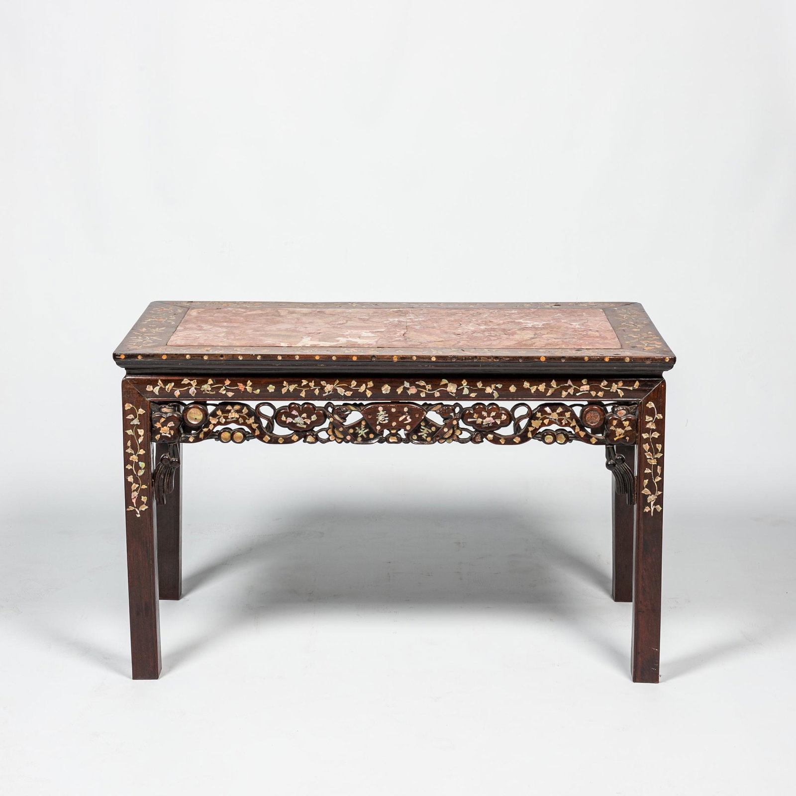A Chinese marble top and mother-of-pearl inlay side table, 19th C.: Full title: A Chinese marble top and mother-of-pearl inlay side table, 19th C. Description: H 56 x L 91 x D 46,5 cm About this sale: Paul De Grande is one of the major dealers of antique furniture, fi