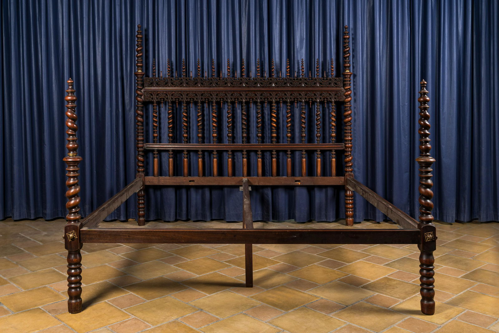 A Portuguese wooden four-poster bed, probably 19th C. (1 of 4)