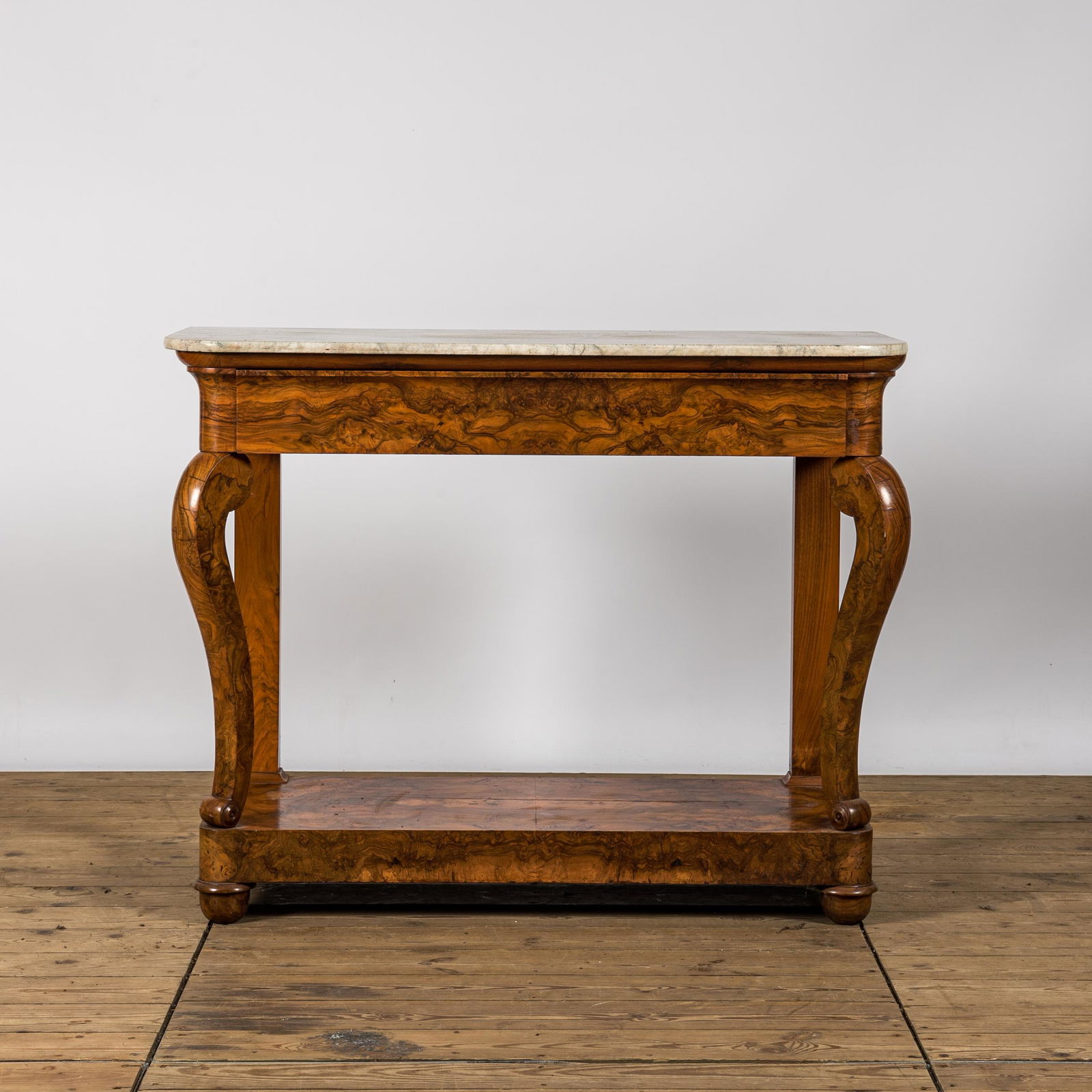 A French burl wood veneered Louis Philippe console with marble top, 19th C. (1 of 3)