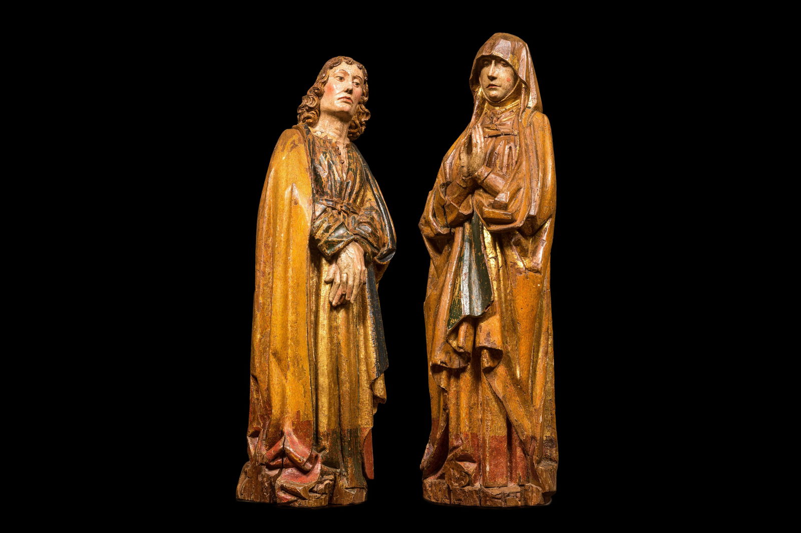 Two large Flemish polychromed and gilt walnut figures of Mary and John the Baptist, Brabant, late (1 of 20)