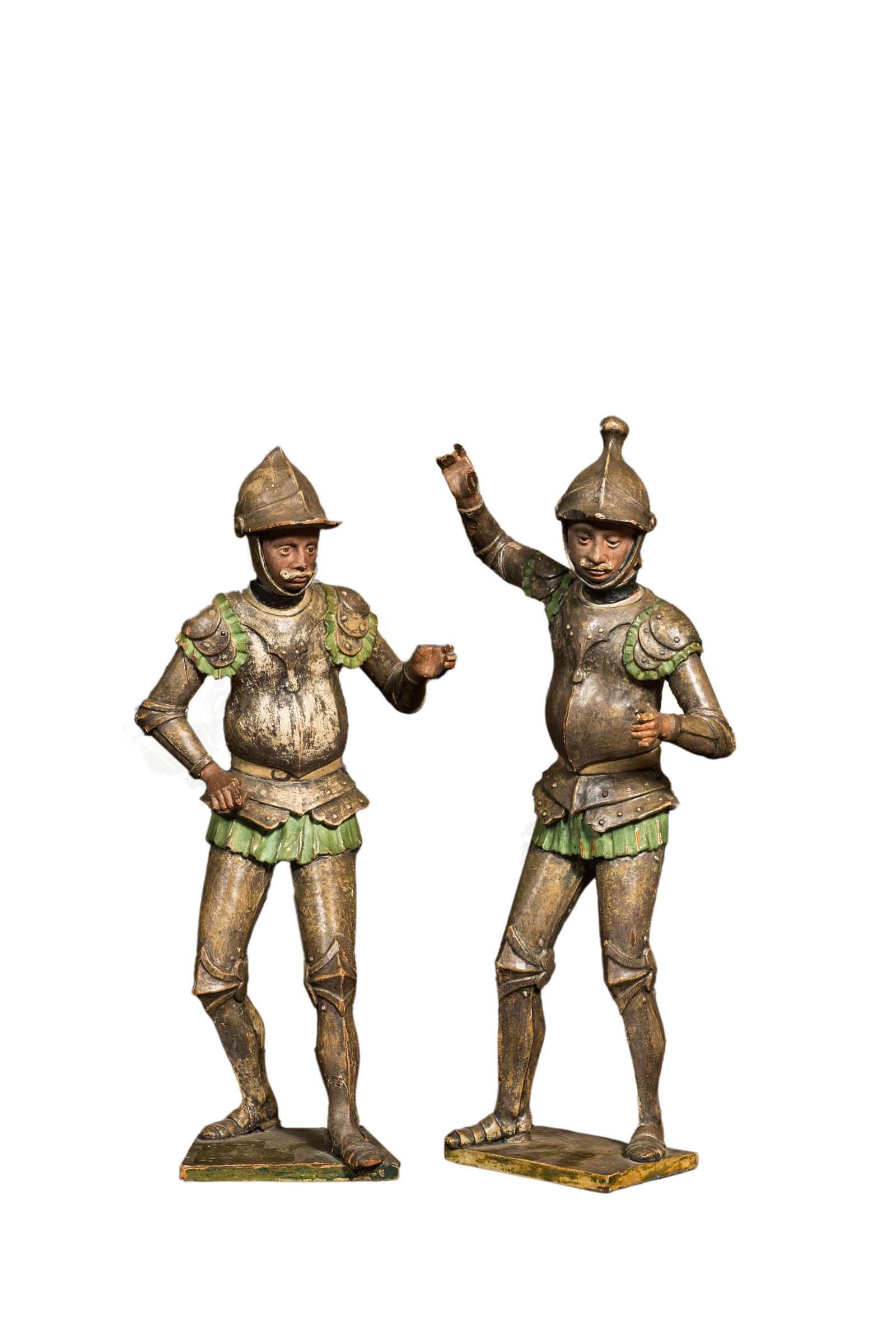 A pair of polychrome pinewood figures of Roman soldiers, probably Germany, 19th C. (1 of 4)