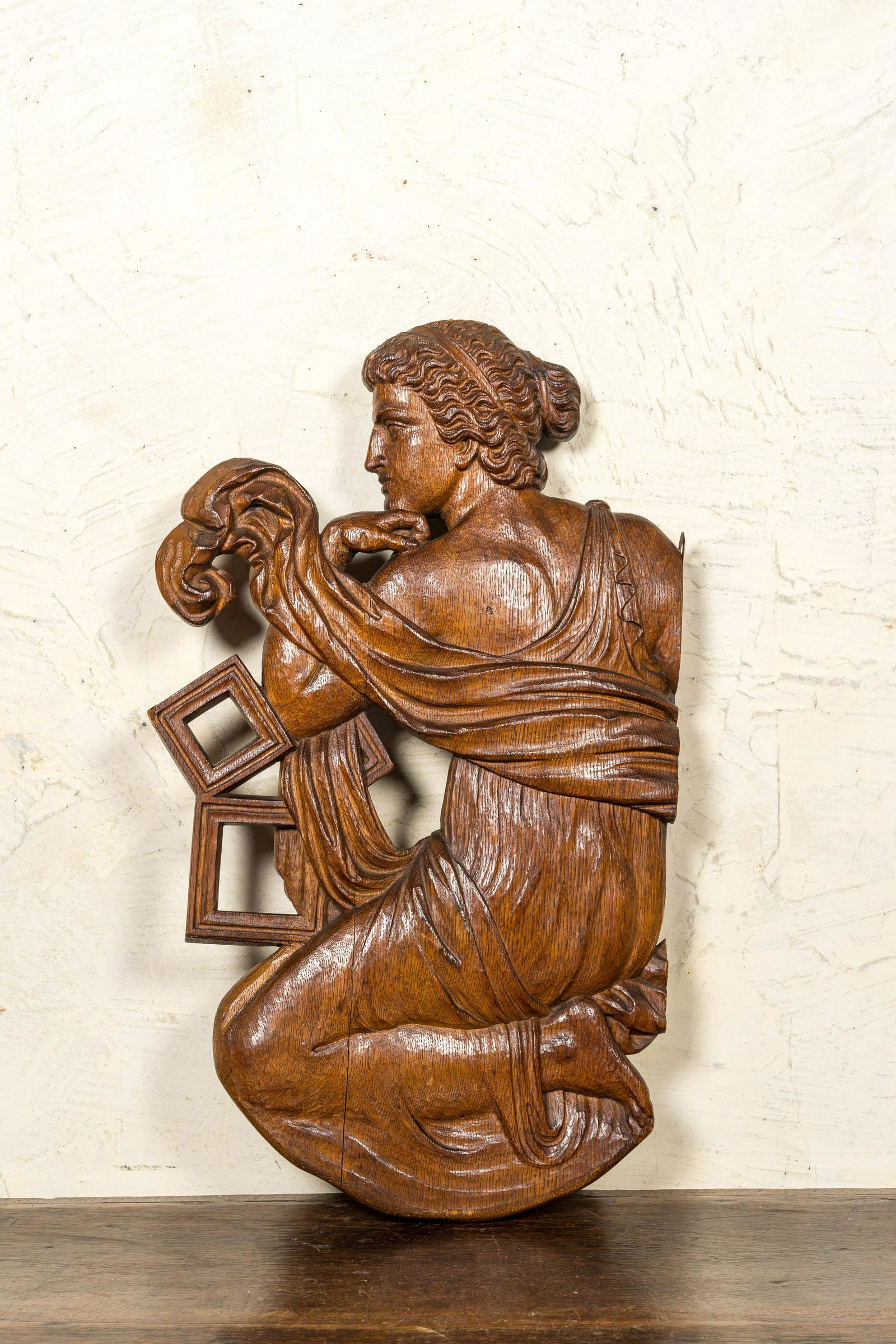 A twin-faced wood carving of the Greek muse Urania allegorically depicting geometry, Liege, 18/19th (1 of 2)