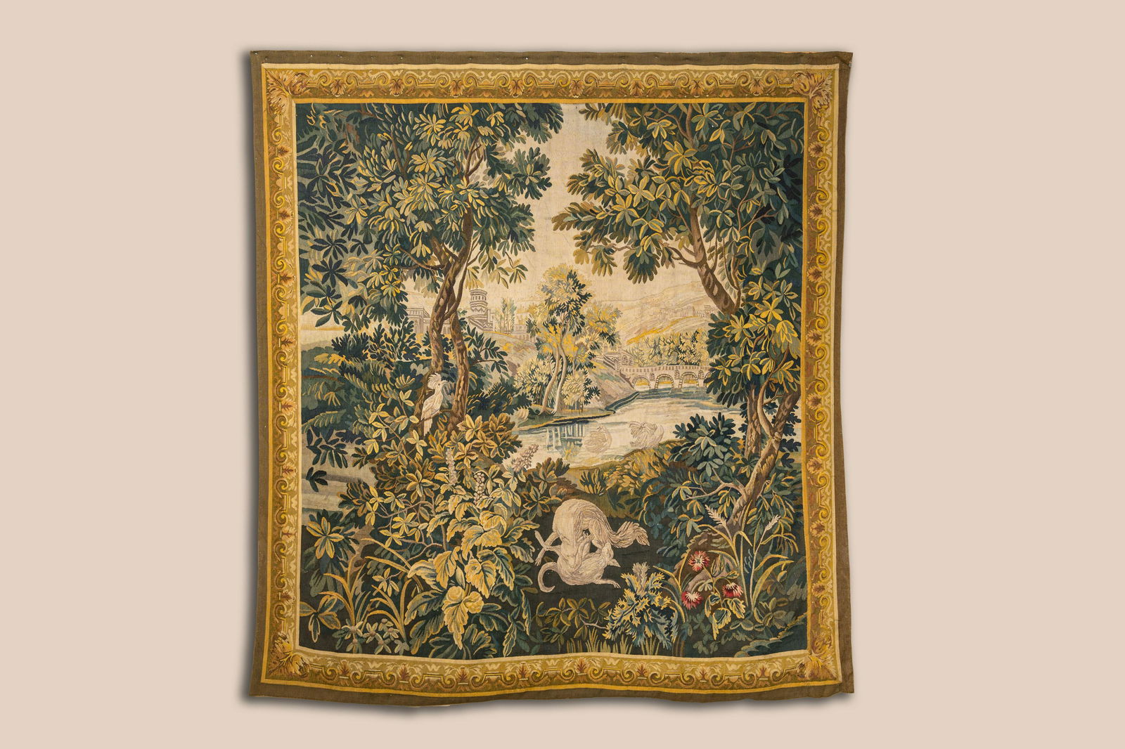 A French Aubusson wall tapestry with a wolf battling a fox in a forest setting with castle view, (1 of 3)
