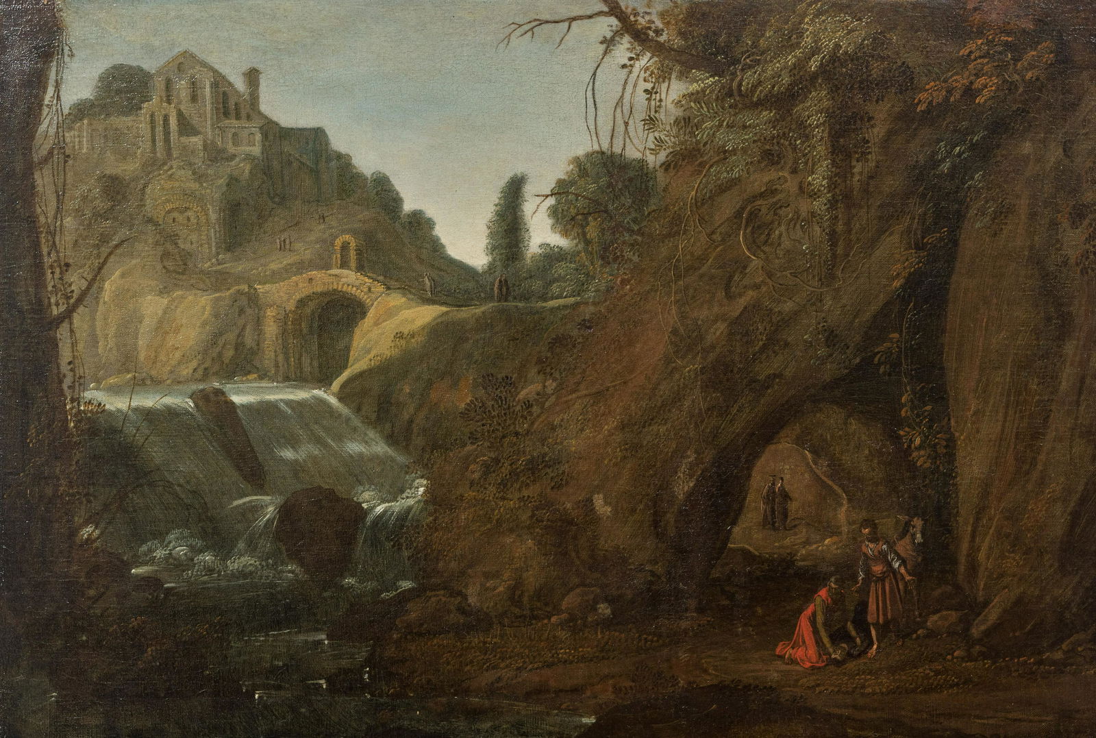 French school: 'Travellers in a landscape', oil on canvas, 17th C. (1 of 7)