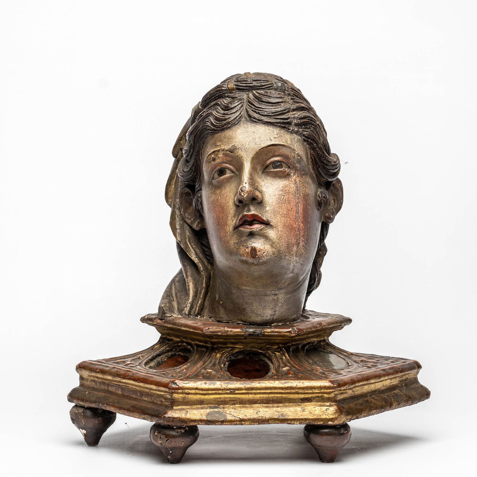 A polychromed and gilt reliquary in the shape of a lady's head, Italy, late 16th C. (1 of 5)
