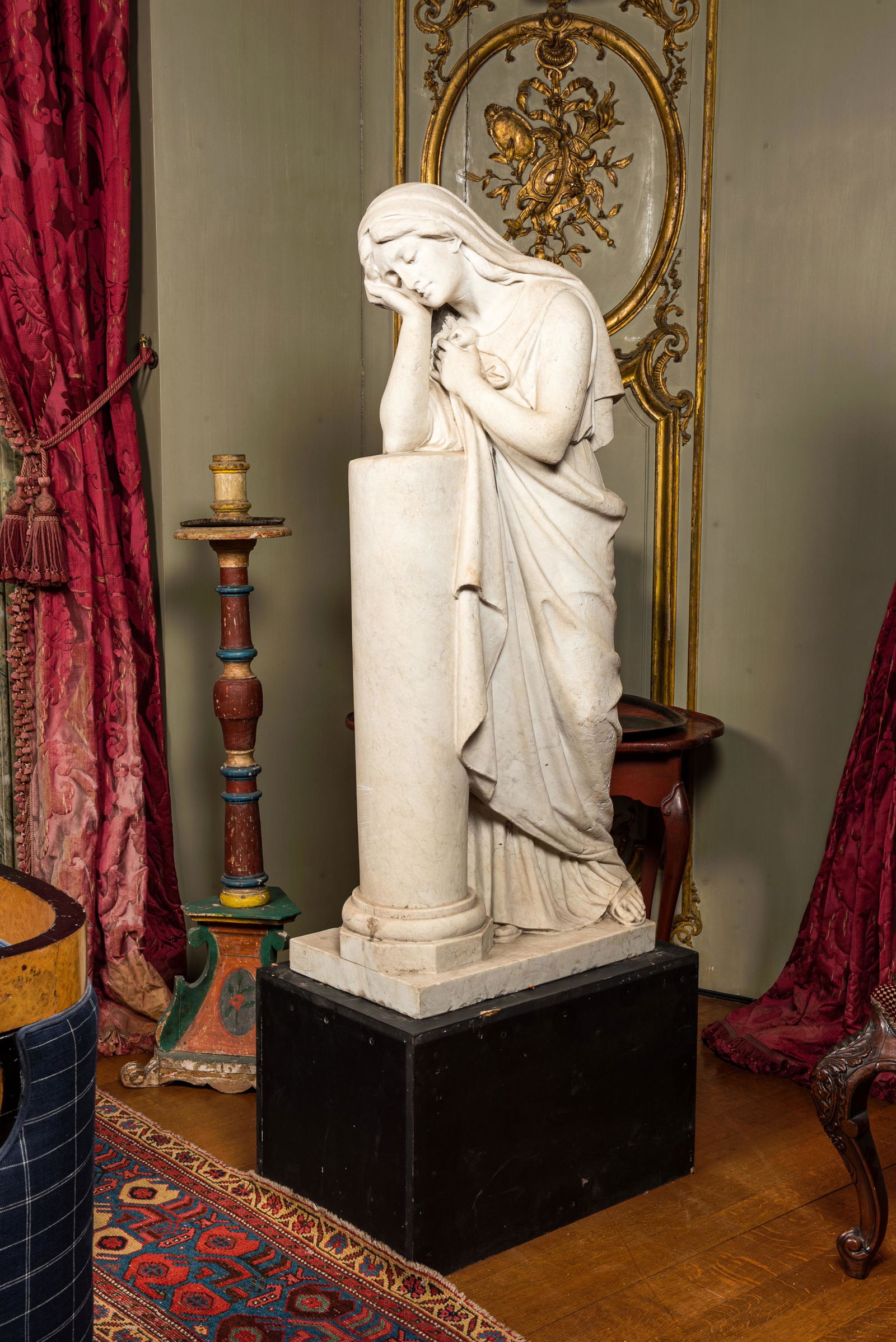 A large marble sculpture of a weeping lady or pleurant resting on a column, France, 19th C. (1 of 5)