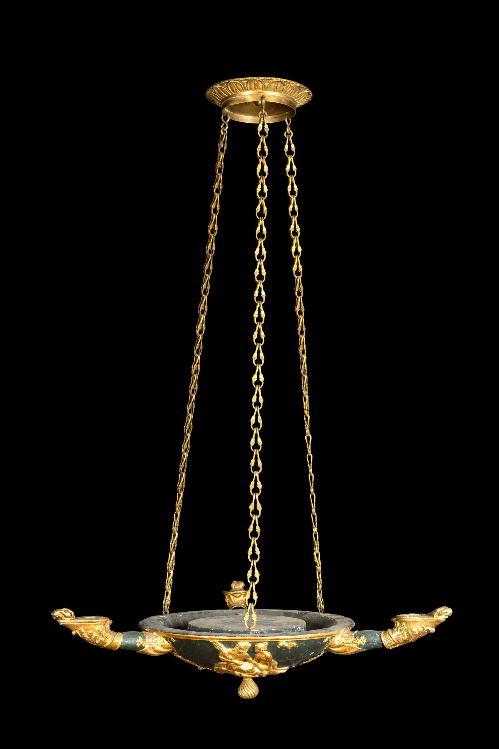 A French Empire-style green-patined and partly gilt carved wooden chandelier, 19th C. (1 of 4)