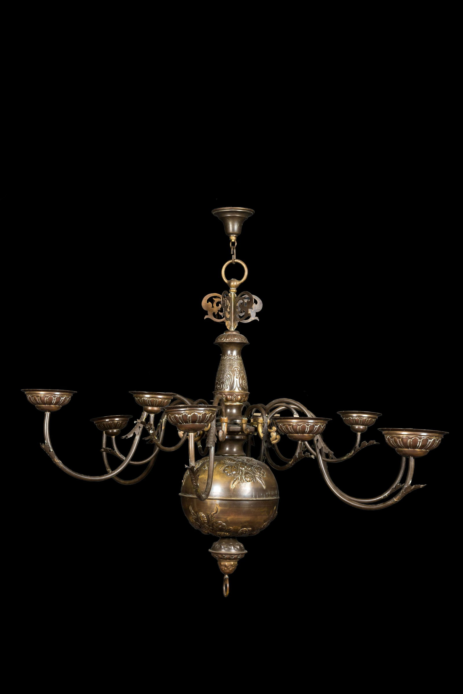 A large punched brass ball chandelier, 19th C.: Full title: A large punched brass ball chandelier, 19th C. Description: H 92 x L 120 cm About this sale: Paul De Grande is one of the major dealers of antique furniture, fine sculptures and decorative