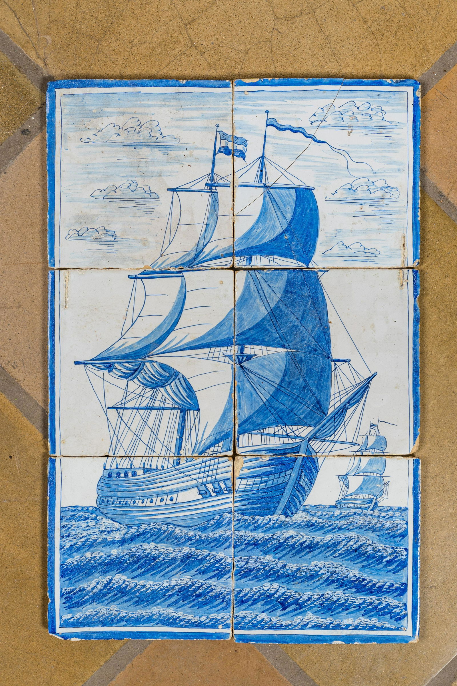A six-piece Dutch Delft blue and white tile mural with a two-master, 19th C. (1 of 2)