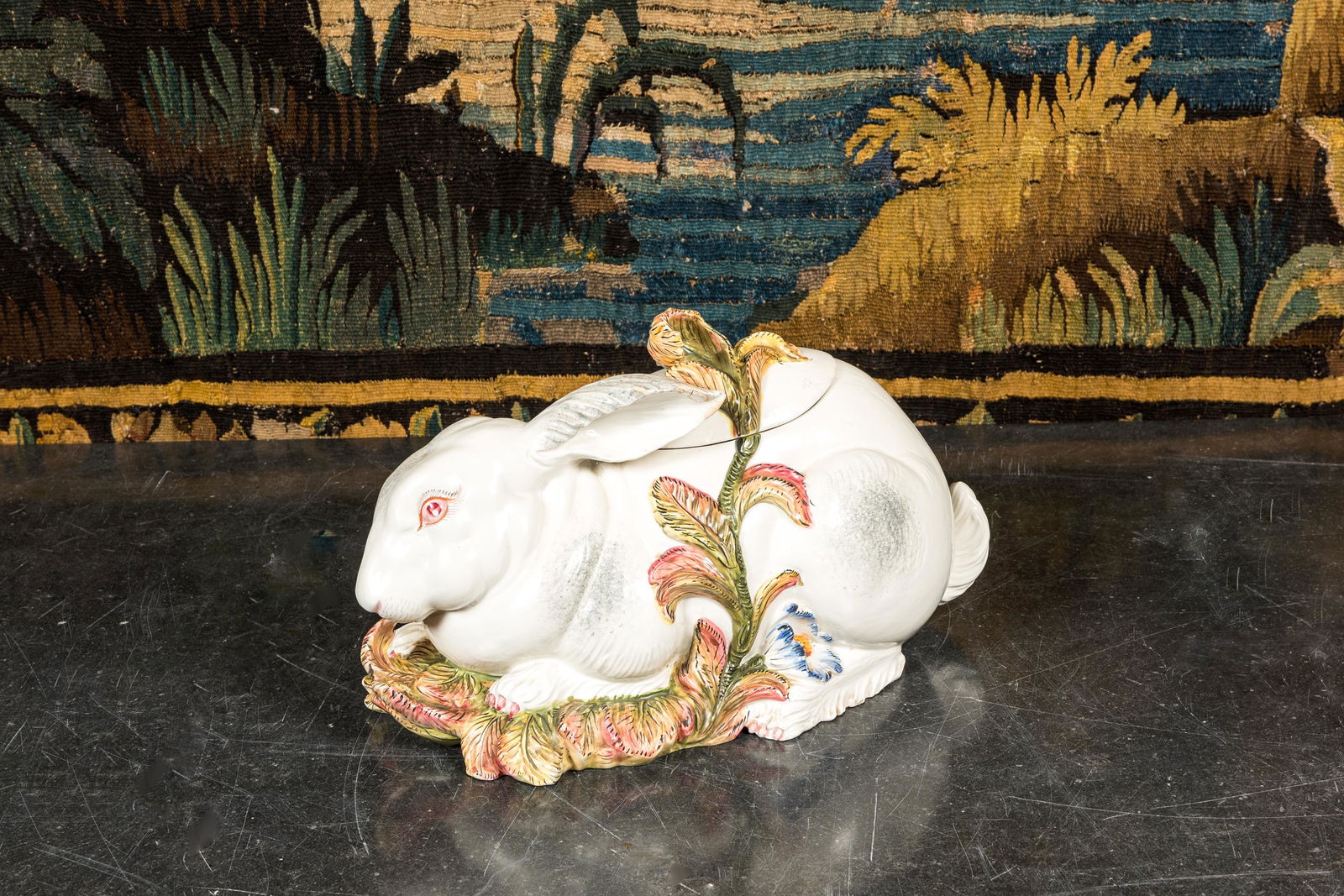 A polychrome Italian faience hare tureen and cover, probably Nove, 19/20th C. (1 of 3)