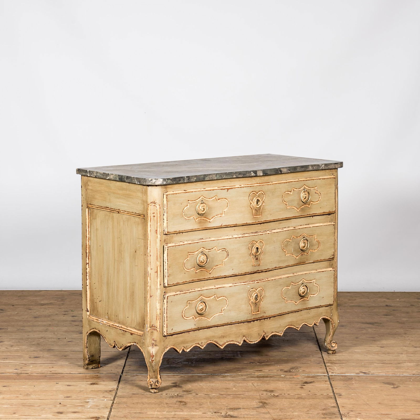 A French Louis XV-style patinated oak wooden chest of drawers with faux marbre top, 18th C. (1 of 3)