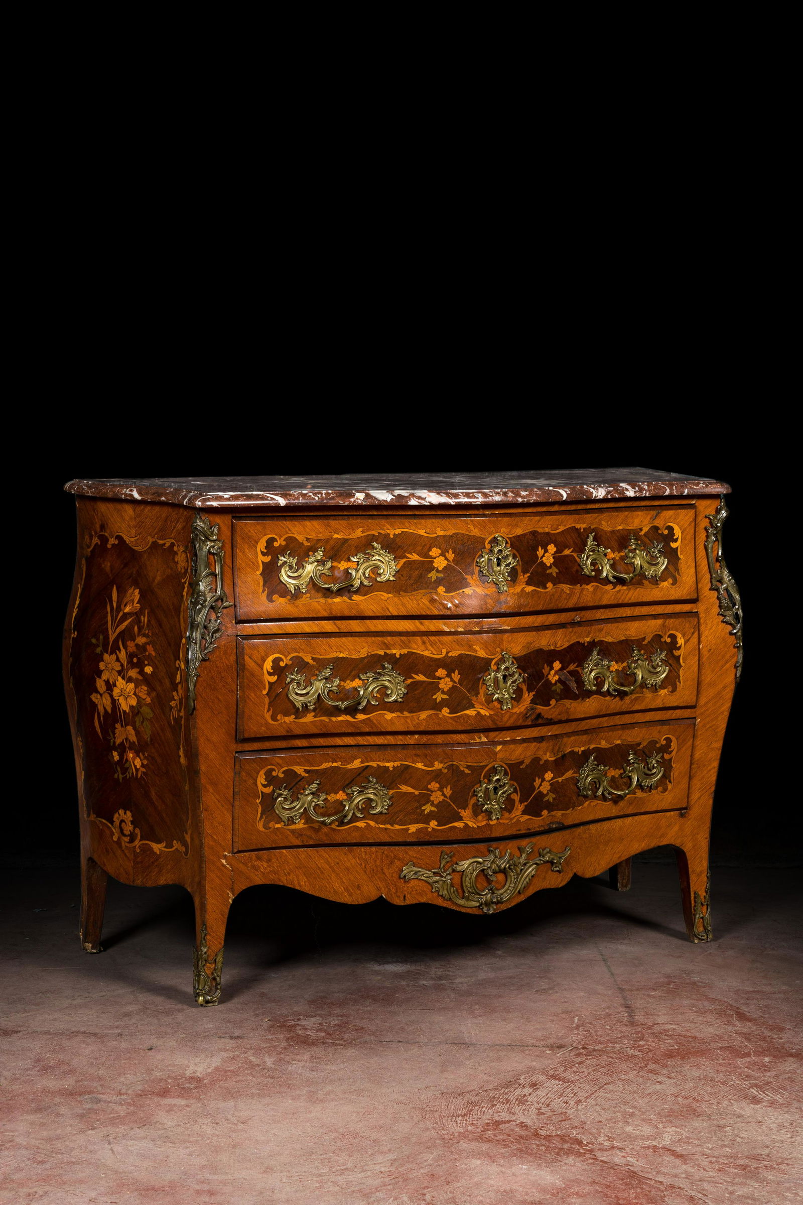 A French Louis XV-style bronze mounted marquetry chest of drawers with marble top, 19th C. (1 of 3)
