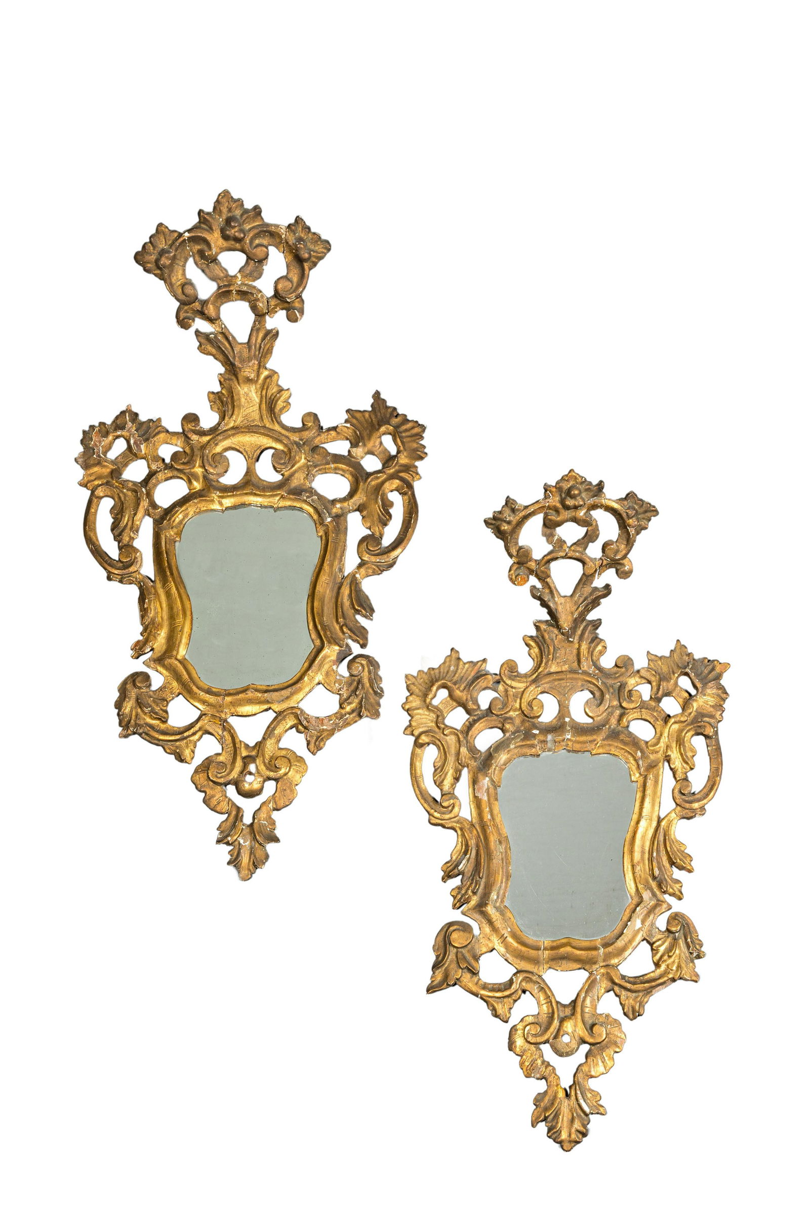 A pair of Italian Louis XV-style gilt and open worked wooden wall mirrors, 18th C. (1 of 4)