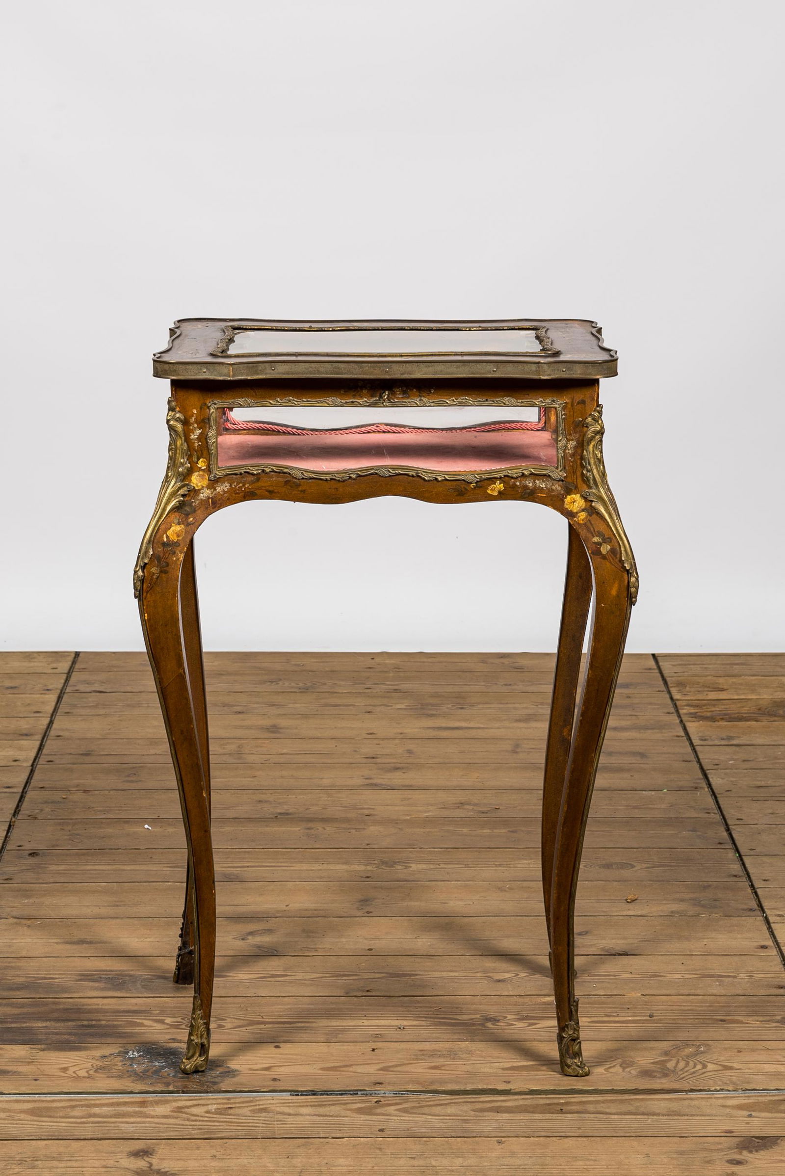 A Louis XV-style bronze mounted walnut table display case with polychrome floral design, 19th C. (1 of 4)