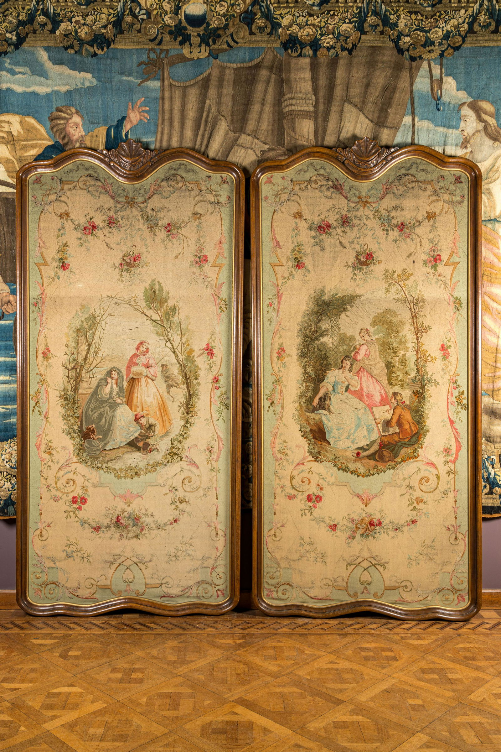 A pair of large Aubusson tapestry panels in wooden rocaille frames, 19th C. (1 of 6)