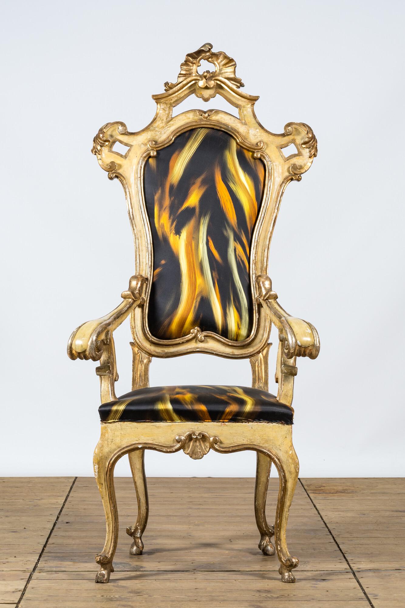 An Italian patinated and silver coloured wooden armchair with silk upholstery, 19th C: Full title: An Italian patinated and silver coloured wooden armchair with silk upholstery, 19th C Description: H 169,5 x L 76 x D 55 cm About this sale: Paul De Grande is one of the major dealers of a