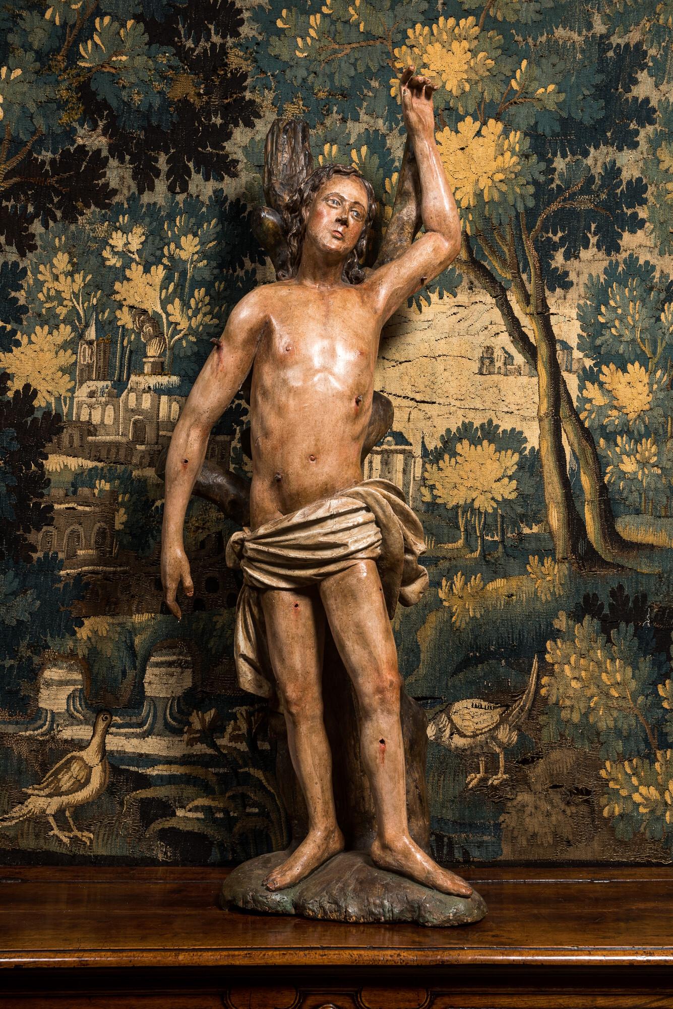 A large German polychrome wooden sculpture of Saint Sebastian, 16h C. (1 of 7)