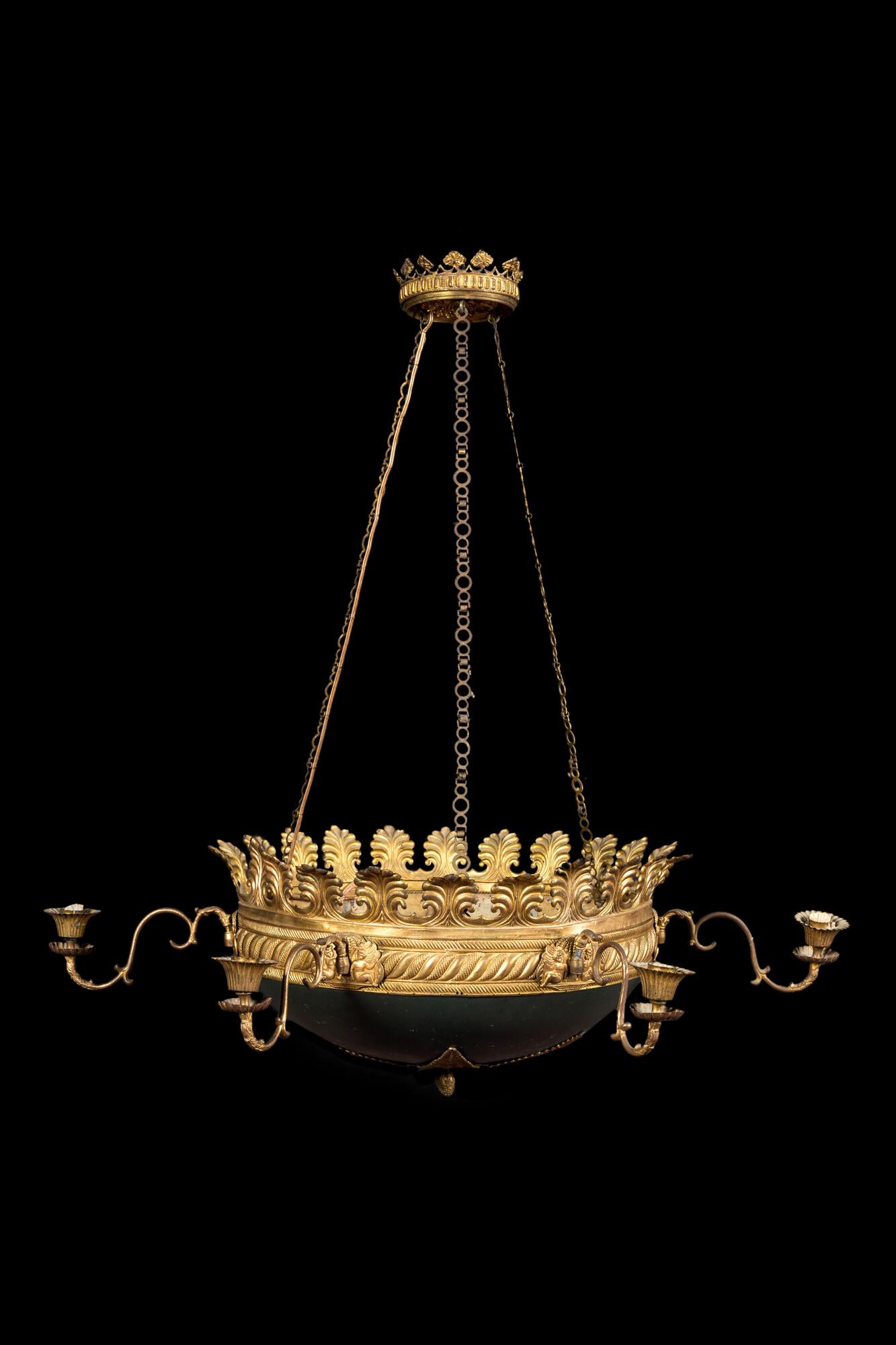 A French neoclassical green-patined and partly gilt brass chandelier, 19th C. (1 of 2)
