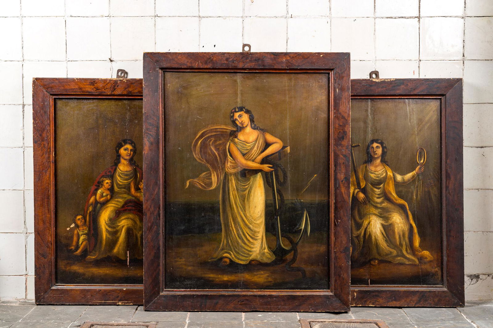 European school: Three panels depicting devote muzes, oil on panel, 19th C. (1 of 3)