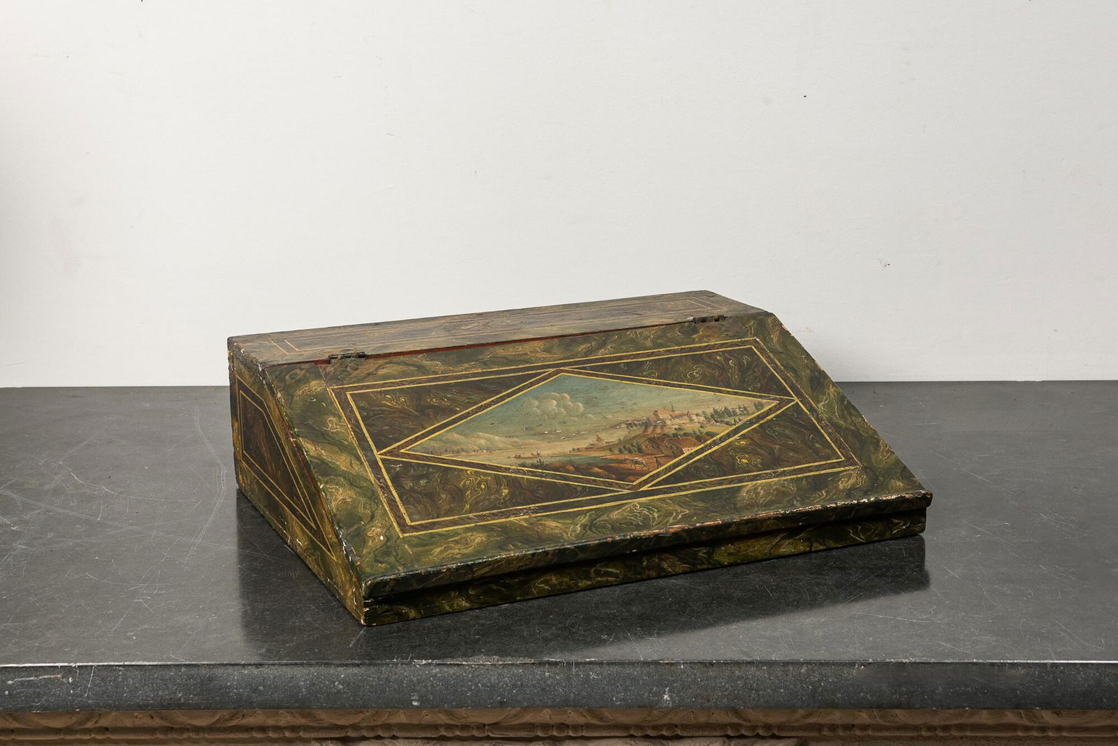 A German faux marble-painted writing box with a Danube view, 19th C. (1 of 4)
