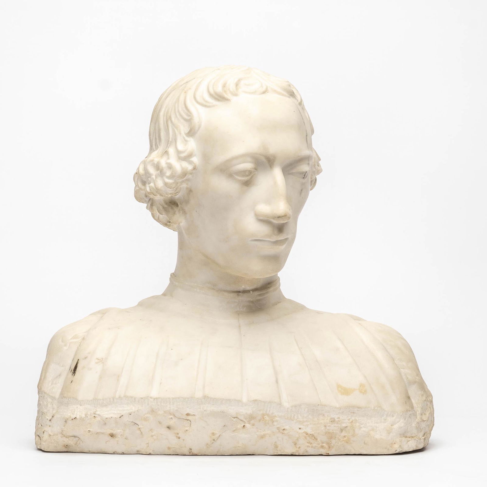 An Italian Renaissance-style white marble bust of a man, 20th C. (1 of 5)