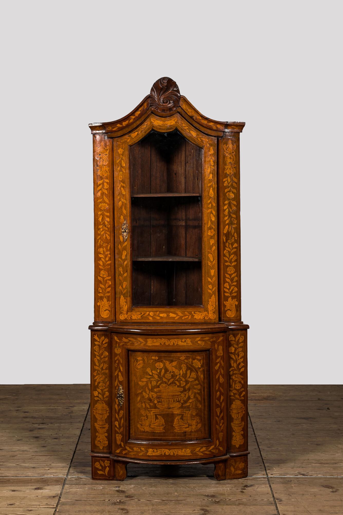 A Dutch mahogany and floral marquetry corner cabinet, 19th C. (1 of 3)