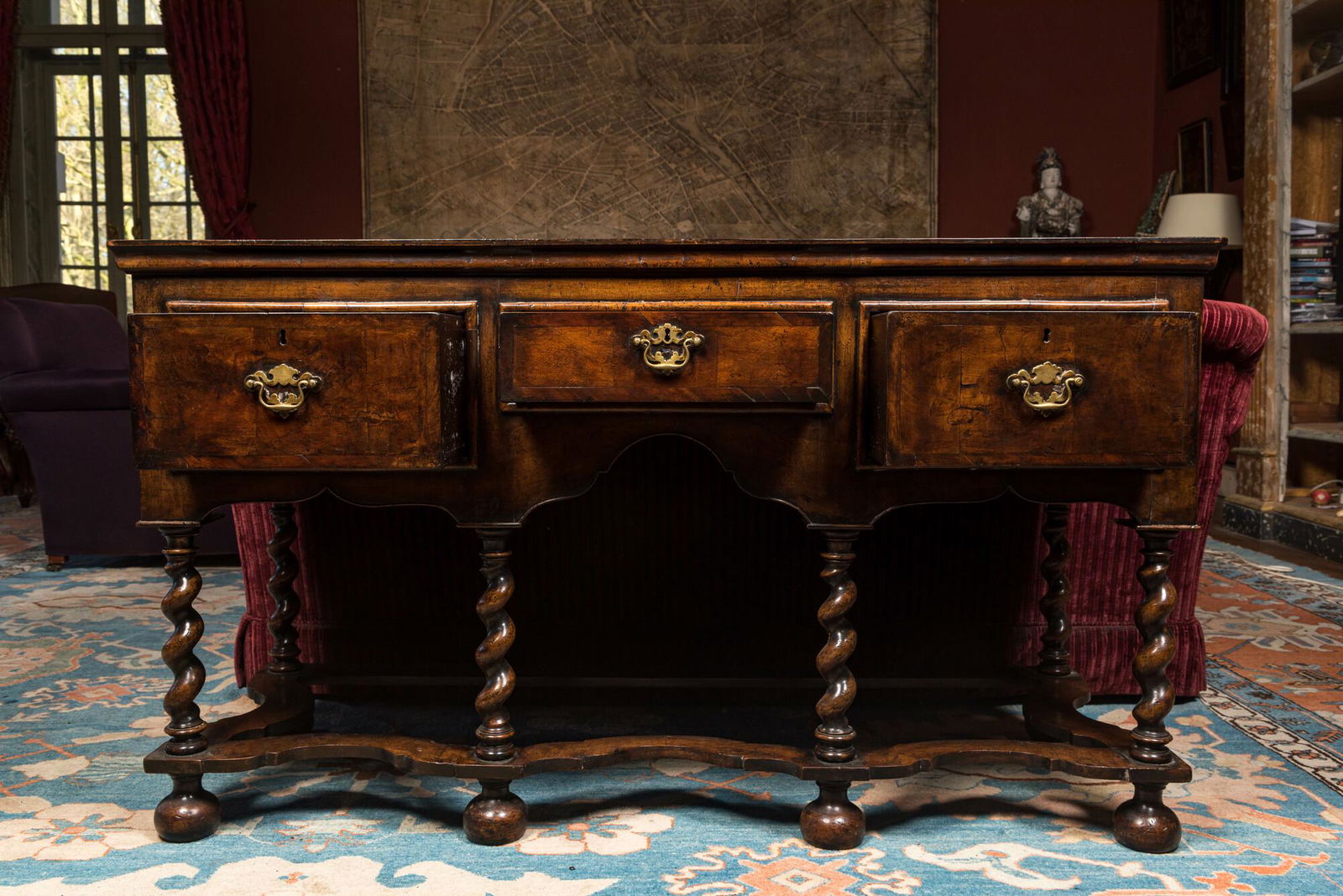 An English walnut sideboard with three drawers, 19th C. (1 of 6)