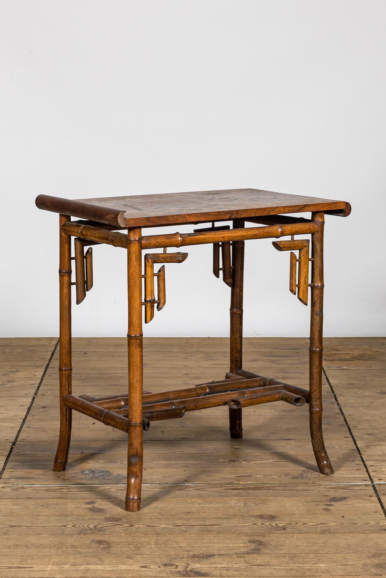 A bamboo 'japonism' table with inlaid wooden top, 19/20th C. (1 of 3)