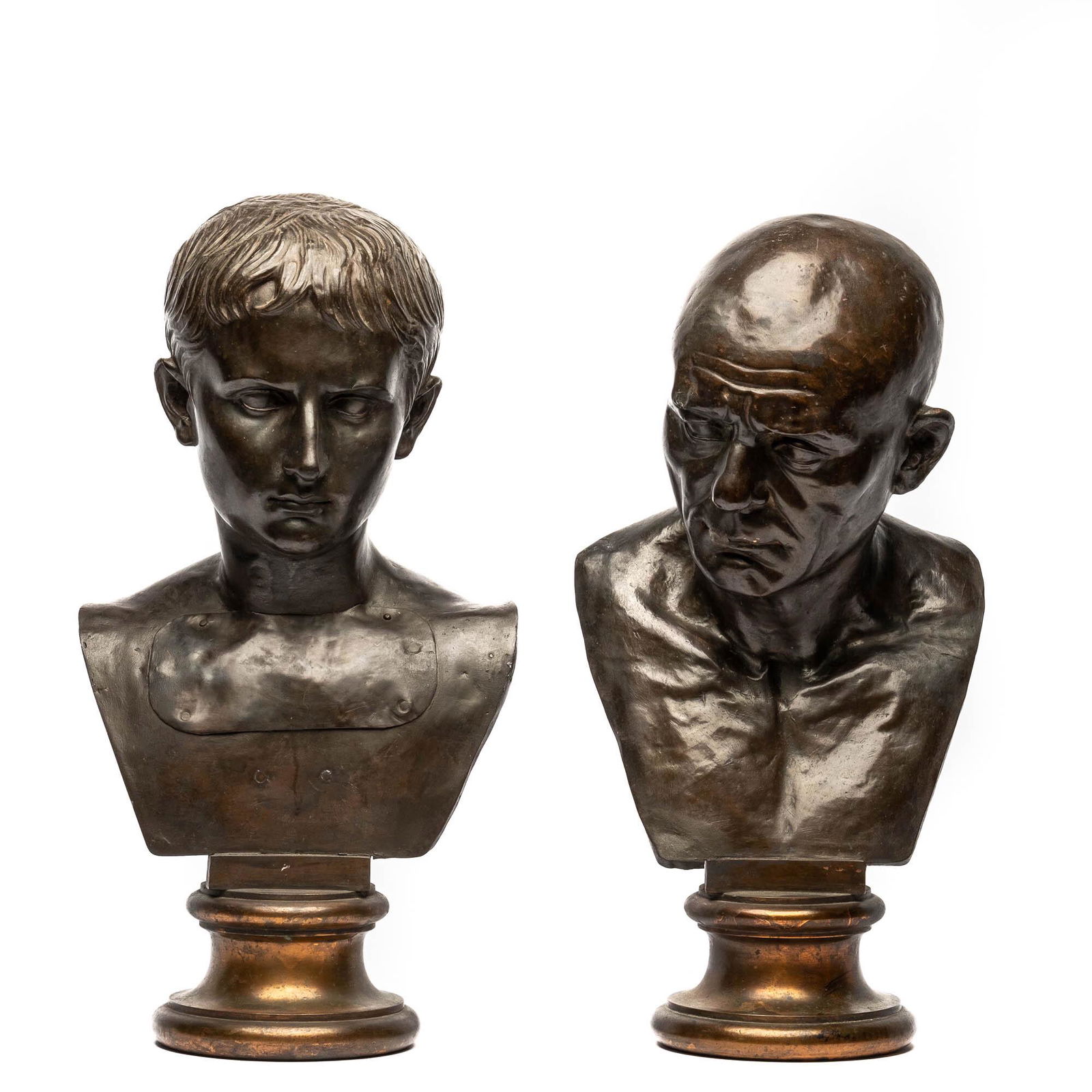 A pair of bronze patinated copper busts of men after the antique, probably Italy, 19/20th C. (1 of 5)