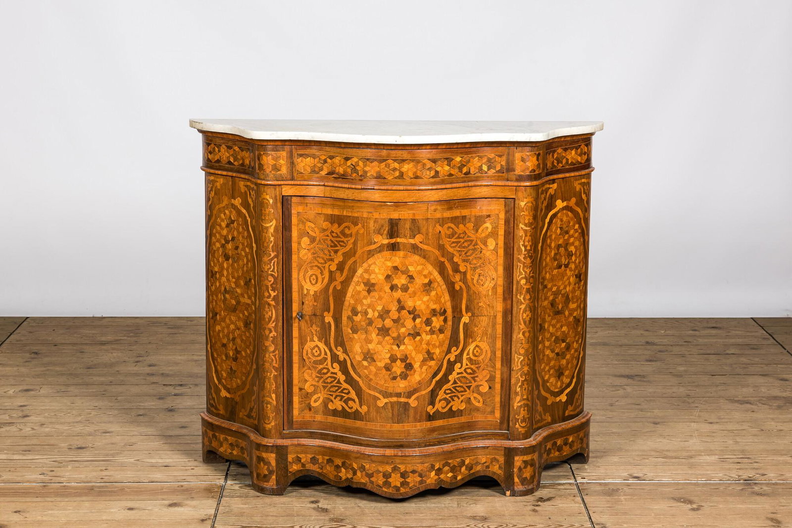 A French marquetry one-door cabinet with marble top, 19th C. (1 of 3)
