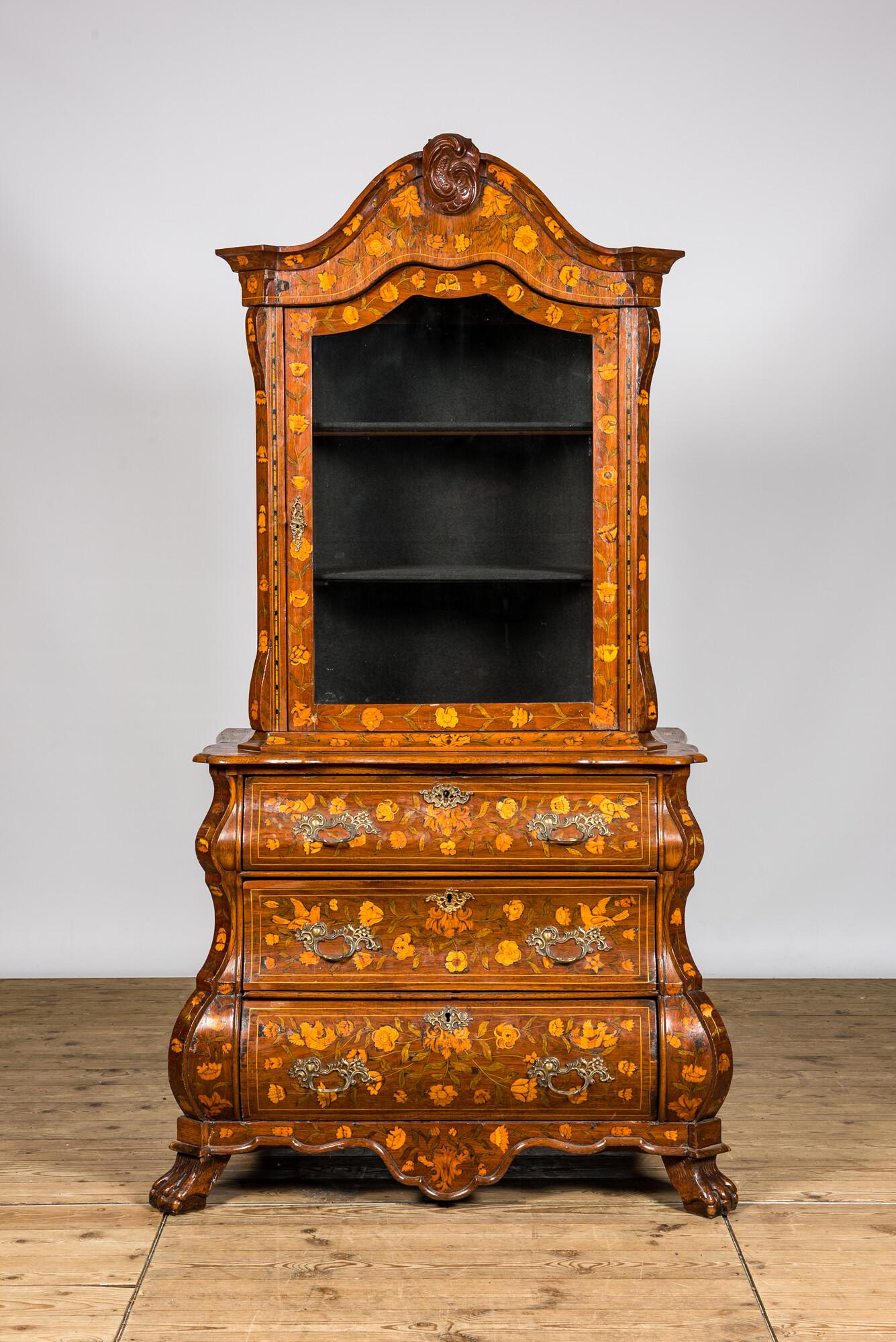 A Dutch Louis XV-style floral marquetry display cabinet, 19th C. (1 of 3)